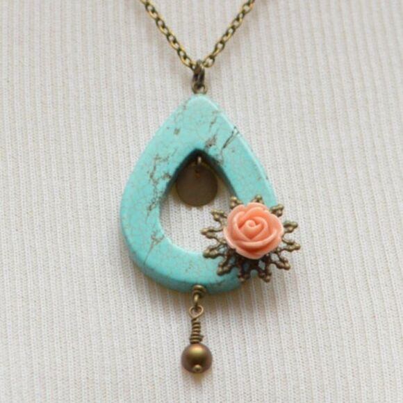 Turquoise & Pink Rose Necklace - Picture 1 of 4